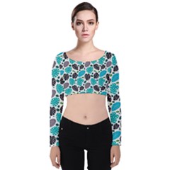 Leaves Monstera Pattern Nature Blue Purple Mauve Flora Velvet Long Sleeve Crop Top