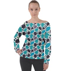 Leaves Monstera Pattern Nature Blue Purple Mauve Flora Off Shoulder Long Sleeve Velour Top