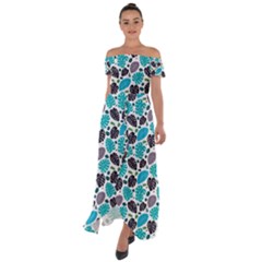 Leaves Monstera Pattern Nature Blue Purple Mauve Flora Off Shoulder Open Front Chiffon Dress