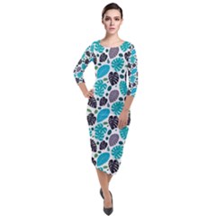 Leaves Monstera Pattern Nature Blue Purple Mauve Flora Quarter Sleeve Midi Velour Bodycon Dress