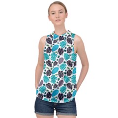 Leaves Monstera Pattern Nature Blue Purple Mauve Flora High Neck Satin Top