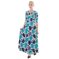 Leaves Monstera Pattern Nature Blue Purple Mauve Flora Half Sleeves Maxi Dress