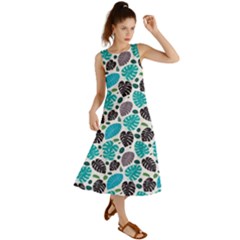 Leaves Monstera Pattern Nature Blue Purple Mauve Flora Summer Maxi Dress