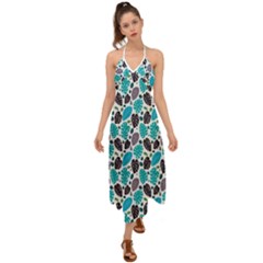 Leaves Monstera Pattern Nature Blue Purple Mauve Flora Halter Tie Back Dress 