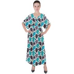 Leaves Monstera Pattern Nature Blue Purple Mauve Flora V-neck Boho Style Maxi Dress