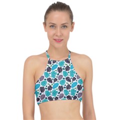 Leaves Monstera Pattern Nature Blue Purple Mauve Flora Halter Bikini Top