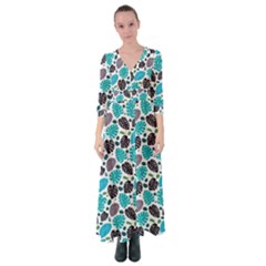 Leaves Monstera Pattern Nature Blue Purple Mauve Flora Button Up Maxi Dress