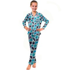 Leaves Monstera Pattern Nature Blue Purple Mauve Flora Kids  Satin Long Sleeve Pajamas Set