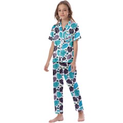 Leaves Monstera Pattern Nature Blue Purple Mauve Flora Kids  Satin Short Sleeve Pajamas Set by Maspions