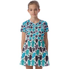 Leaves Monstera Pattern Nature Blue Purple Mauve Flora Kids  Short Sleeve Pinafore Style Dress