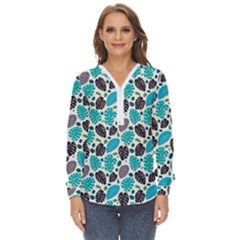 Leaves Monstera Pattern Nature Blue Purple Mauve Flora Zip Up Long Sleeve Blouse