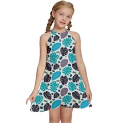 Leaves Monstera Pattern Nature Blue Purple Mauve Flora Kids  Halter Collar Waist Tie Chiffon Dress by Maspions