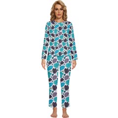 Leaves Monstera Pattern Nature Blue Purple Mauve Flora Womens  Long Sleeve Lightweight Pajamas Set by Maspions