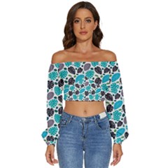 Leaves Monstera Pattern Nature Blue Purple Mauve Flora Long Sleeve Crinkled Weave Crop Top