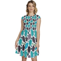 Leaves Monstera Pattern Nature Blue Purple Mauve Flora Cap Sleeve High Waist Dress