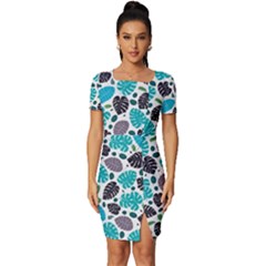 Leaves Monstera Pattern Nature Blue Purple Mauve Flora Fitted Knot Split End Bodycon Dress