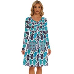 Leaves Monstera Pattern Nature Blue Purple Mauve Flora Long Sleeve Dress With Pocket