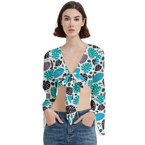 Leaves Monstera Pattern Nature Blue Purple Mauve Flora Trumpet Sleeve Cropped Top by Maspions