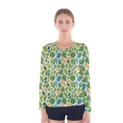 Leaves Tropical Background Pattern Green Botanical Texture Nature Foliage Women s Long Sleeve T-shirt