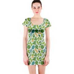 Leaves Tropical Background Pattern Green Botanical Texture Nature Foliage Short Sleeve Bodycon Dress