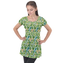 Leaves Tropical Background Pattern Green Botanical Texture Nature Foliage Puff Sleeve Tunic Top