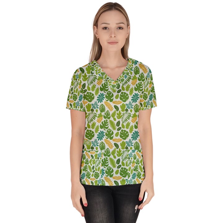 Leaves Tropical Background Pattern Green Botanical Texture Nature Foliage Women s V-Neck Scrub Top