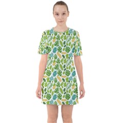 Leaves Tropical Background Pattern Green Botanical Texture Nature Foliage Sixties Short Sleeve Mini Dress