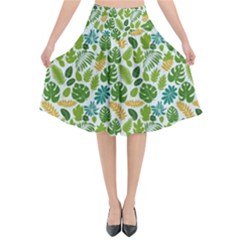 Leaves Tropical Background Pattern Green Botanical Texture Nature Foliage Flared Midi Skirt