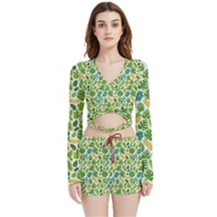 Leaves Tropical Background Pattern Green Botanical Texture Nature Foliage Velvet Wrap Crop Top And Shorts Set