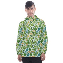 Leaves Tropical Background Pattern Green Botanical Texture Nature Foliage Men s Front Pocket Pullover Windbreaker