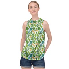 Leaves Tropical Background Pattern Green Botanical Texture Nature Foliage High Neck Satin Top by Maspions