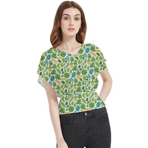 Leaves Tropical Background Pattern Green Botanical Texture Nature Foliage Butterfly Chiffon Blouse by Maspions