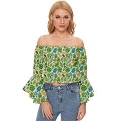 Leaves Tropical Background Pattern Green Botanical Texture Nature Foliage Off Shoulder Flutter Bell Sleeve Top