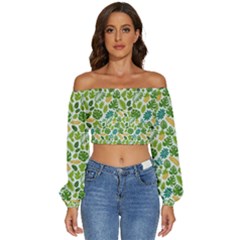 Leaves Tropical Background Pattern Green Botanical Texture Nature Foliage Long Sleeve Crinkled Weave Crop Top