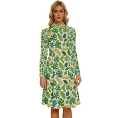 Leaves Tropical Background Pattern Green Botanical Texture Nature Foliage Long Sleeve Shirt Collar A-line Dress by Maspions