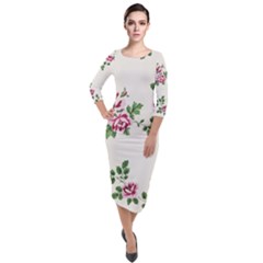 Vintage Flower Art Artwork Blooming Blossom Botanical Botany Nature Floral Pattern Quarter Sleeve Midi Velour Bodycon Dress