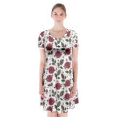 Roses Flowers Leaves Pattern Scrapbook Paper Floral Background Short Sleeve V-neck Flare Dress by Maspions