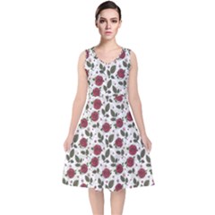 Roses Flowers Leaves Pattern Scrapbook Paper Floral Background V-neck Midi Sleeveless Dress  by Maspions