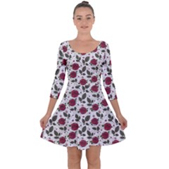 Roses Flowers Leaves Pattern Scrapbook Paper Floral Background Quarter Sleeve Skater Dress