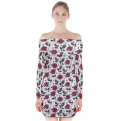 Roses Flowers Leaves Pattern Scrapbook Paper Floral Background Long Sleeve Off Shoulder Dress