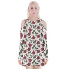 Roses Flowers Leaves Pattern Scrapbook Paper Floral Background Velvet Long Sleeve Shoulder Cutout Dress