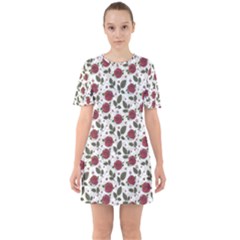 Roses Flowers Leaves Pattern Scrapbook Paper Floral Background Sixties Short Sleeve Mini Dress