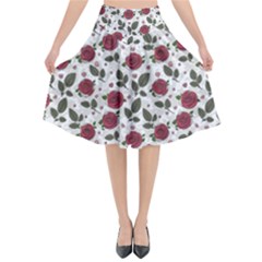 Roses Flowers Leaves Pattern Scrapbook Paper Floral Background Flared Midi Skirt