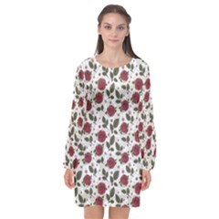 Roses Flowers Leaves Pattern Scrapbook Paper Floral Background Long Sleeve Chiffon Shift Dress 