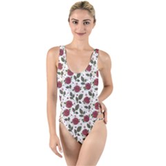 Roses Flowers Leaves Pattern Scrapbook Paper Floral Background High Leg Strappy Swimsuit