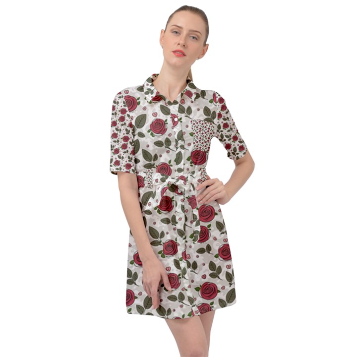 Roses Flowers Leaves Pattern Scrapbook Paper Floral Background Belted Shirt Dress