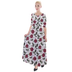 Roses Flowers Leaves Pattern Scrapbook Paper Floral Background Half Sleeves Maxi Dress