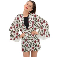 Roses Flowers Leaves Pattern Scrapbook Paper Floral Background Long Sleeve Kimono