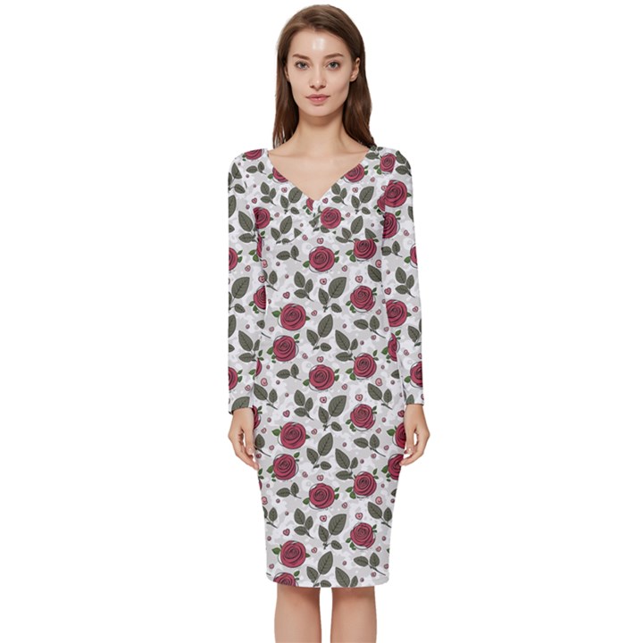 Roses Flowers Leaves Pattern Scrapbook Paper Floral Background Long Sleeve V-Neck Bodycon Dress 