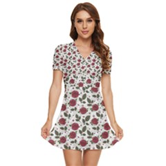 Roses Flowers Leaves Pattern Scrapbook Paper Floral Background V-neck High Waist Chiffon Mini Dress